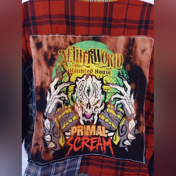 Customized Horror flannel- haunted house skull colorful OOAK RAGE wear! - Picture 3 of 4